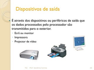 Dispositivos de saída

   É através dos dispositivos ou periféricos de saída que
    os dados processados pelo processador são
    transmitidos para o exterior.
    ◦ Ecrã ou monitor
    ◦ Impressora
    ◦ Projector de vídeo




              TIC   Prof. Sandrina Correia                   20
 