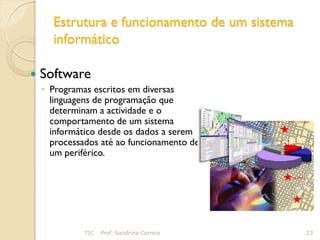 Estrutura e funcionamento de um sistema
      informático

   Software
    ◦ Programas escritos em diversas
      linguagens de programação que
      determinam a actividade e o
      comportamento de um sistema
      informático desde os dados a serem
      processados até ao funcionamento de
      um periférico.




              TIC   Prof. Sandrina Correia      23
 