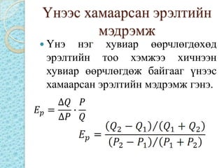 Үнээс хамаарсан эрэлтийн
        мэдрэмж
 Үнэ  нэг хувиар өөрчлөгдөхөд
 эрэлтийн тоо хэмжээ хичнээн
 хувиар өөрчлөгдөж байгааг үнээс
 хамаарсан эрэлтийн мэдрэмж гэнэ.
 