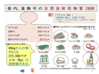 体 内、食 内、食中 中 の 自 然 然射放 物 質 (放射能) 質 (放射
    体 物 物 の 自 放      性 射 性 物

                 能) 「ベクレル (Bq) 」
                              :
                    「放射能の強さ」を表わす単位
                     (1秒間に1つの原子核が崩壊して放射線を放つ放射能
                       の量が1ベクレル)




60kgの人の体
内には
約7,000ベク
レル (Bq) の
放射能がある
                                           66
 