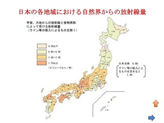 日本の各地域における自然界からの放射線量




               日本全体 0.99
               ラドン等の吸入によ
               るものを含めると
                  1.46
 