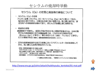 セシウムの焼却時挙動




       http://www.env.go.jp/jishin/attach/haikihyouka_kentokai/01-mat.pdf
2011/11/19                                                                  99
 