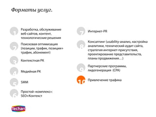 Форматы услуг.


    Разработка, обслуживание
1   веб-сайтов, контент,
    технологические решения
                                 7    Интернет-PR


                                      Консалтинг (usability-анализ, настройка
    Поисковая оптимизация
2   (позиции, трафик, позиции+   8    аналитики, технический аудит сайта,
                                      стратегия интернет-присутствия,
    трафик, абонемент)                проектирование представительств,
                                      планы продвижения…)
3   Контекстная РК
                                      Партнерские программы,

4   Медийная РК                  9    лидогенерация (CPA)



5
    SMM                          10   Привлечение трафика


    Простой «комплекс»:
6   SEO+Контекст
 