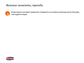 Важные моменты, тренды

    Инвестиции в интернет-маркетинг и бюджеты на интернет-рекламу растут быстрее,
1   чем в других медиа
 