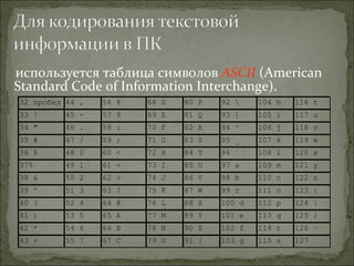 используется таблица символов  ASCII  (American Standard Code of Information Interchange) .   
