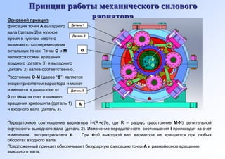 Принцип работы механического силового
Основной принцип:
                     вариатора
фиксация точки А выходного     Деталь 1

вала (деталь 2) в нужное
                                Деталь 2
время в нужном месте с
возможностью перемещения
остальных точек. Точки О и М         е                                N

являются осями вращения
                                                                  M
входного (деталь 3) и выходного                                   O
(деталь 2) валов соответственно.
Расстояние О-М (далее “е”) является
эксцентриситетом вариатора и может
изменятся в диапазоне от     Деталь 3

0 до emax за счет взаимного
вращения кривошипа (деталь 1)       А
и входного вала (деталь 3).


Передаточное соотношение вариатора i=(R+e)/e, где R – радиус (расстояние M-N) делительной
окружности выходного вала (деталь 2). Изменение передаточного соотношения i происходит за счет
изменения эксцентриситета e.      При е=0 выходной вал вариатора не вращается при любых
оборотах входного вала.
Предложенный принцип обеспечивает безударную фиксацию точки А и равномерное вращение
выходного вала.
 