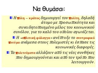 Να θυμάσαι: 
Η πόλη – κράτος δημιουργεί τον πολίτη, δηλαδή 
άτομο μεπ ροσωπ ικότητα και 
συνειδητοπ οιημένο μέλος του κοινωνικού 
συνόλου, για το καλό του οπ οίου αγωνίζεται. 
Η« οπλιτική φάλαγγα» ανέπ τυξε το συντροφικό 
πνεύμα ανάμεσα στουςπ ολεμιστές κι έσπ ασε τις 
κοινωνικές διαφορές. 
Τα πολιτεύματα αλλάζουν απ ό τις νέες συνθήκες 
π ου δημιουργούνται και απ ό τον τρόπ οπ ου 
λειτουργούν. 
 