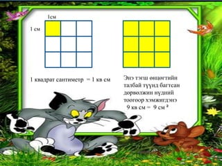 1см

1 см




1 квадрат сантиметр = 1 кв см   Энэ тэгш өнцөгтийн
                                талбай түүнд багтсан
                                дөрвөлжин нүдний
                                тоогоор хэмжигдэнэ
                                 9 кв см = 9 см ²
 