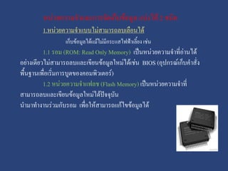 หน่วยความจาและการจัดเก็บข้อมูล แบ่งได้ 2 ชนิด
1.หน่วยความจาแบบไม่สามารถลบเลือนได้
เก็บข้อมูลได้แม้ไม่มีกระแสไฟฟ้าเลี้ยง เช่น

1.1 รอม (ROM: Read Only Memory) เป็นหน่วยความจาที่อ่านได้
อย่างเดียวไม่สามารถลบและเขียนข้อมูลใหม่ได้เช่น BIOS (อุปกรณ์เก็บคาสั่ง
พื้นฐานเพื่อเริ่มการบูตของคอมพิวเตอร์)
1.2 หน่วยความจาแฟลช (Flash Memory) เป็นหน่วยความจาที่
สามารถลบและเขียนข้อมูลใหม่ได้ปัจจุบัน
นามาทางานร่วมกับรอม เพื่อให้สามารถแก้ไขข้อมูลได้

 