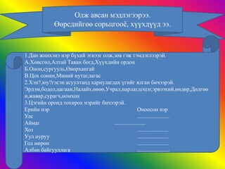 Олж авсан мэдлэгээрээ.
           Өөрсдийгөө сорьцгооѐ, хүүхдүүд ээ.



1.Дан жинхэнэ нэр бүхий эгнээг олж,зөв гэж тэмдэглээрэй.
А.Хөвсгөл,Алтай Таван богд,Хүүхдийн ордон
Б.Онон,сургууль,Өвөрхангай
В.Цох сонин,Миний нутаг,загас
2.Хэн?,юу?гэсэн асуултанд хариулагдах үгийг ялган бичээрэй.
Эрдэм,бодол,цагаан,Налайх,өвөө,Учрал,нарлаг,цэцэг,эрвээхий,өндөр,Дөлгөө
н,жавар,сурагч,номхон
3.Цэгийн оронд тохирох нэрийг бичээрэй.
Ерийн нэр                                          Оноосон нэр
Улс                                                .......................
Аймаг                              ......................
Хот                                                ......................
Уул нуруу                                          ......................
Гол мөрөн                                          .......................
Албан байгууллага                                  .......................
 