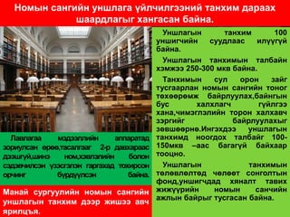 Номын сангийн уншлага үйлчилгээний танхим дараах
              шаардлагыг хангасан байна.
                                             Уншлагын       танхим       100
                                           уншигчийн    суудлаас    илүүгүй
                                           байна.
                                             Уншлагын танхимын талбайн
                                           хэмжээ 250-300 мкв байна.
                                             Танхимын    сул    орон    зайг
                                           тусгаарлан номын сангийн тоног
                                           төхөөрөмж байрлуулах,байнгын
                                           бус       халхлагч        гүйлгээ
                                           хана,чимэглэлийн торон халхавч
                                           зэргийг            байрлуулахыг
                                           зөвшөөрнө.Ингэхдээ     уншлагын
  Лавлагаа    мэдээллийн      аппаратад    танхимд ноогдох талбайг 100-
зориулсан өрөө,тасалгааг 2-р давхараас     150мкв –аас багагүй байхаар
дээшгүй,шинэ    ном,хэвлэлийн     болон    тооцно.
сэдэвчилсэн үзэсгэлэн гаргахад тохирсон      Уншлагын             танхимын
орчинг        бүрдүүлсэн          байна.   төлөвлөлтөд чөлөөт сонголтын
                                           фонд,уншигчдад хяналт тавих
Манай сургуулийн номын сангийн             жижүүрийн     номын      санчийн
                                           ажлын байрыг тусгасан байна.
уншлагын танхим дээр жишээ авч
ярилцъя.
 