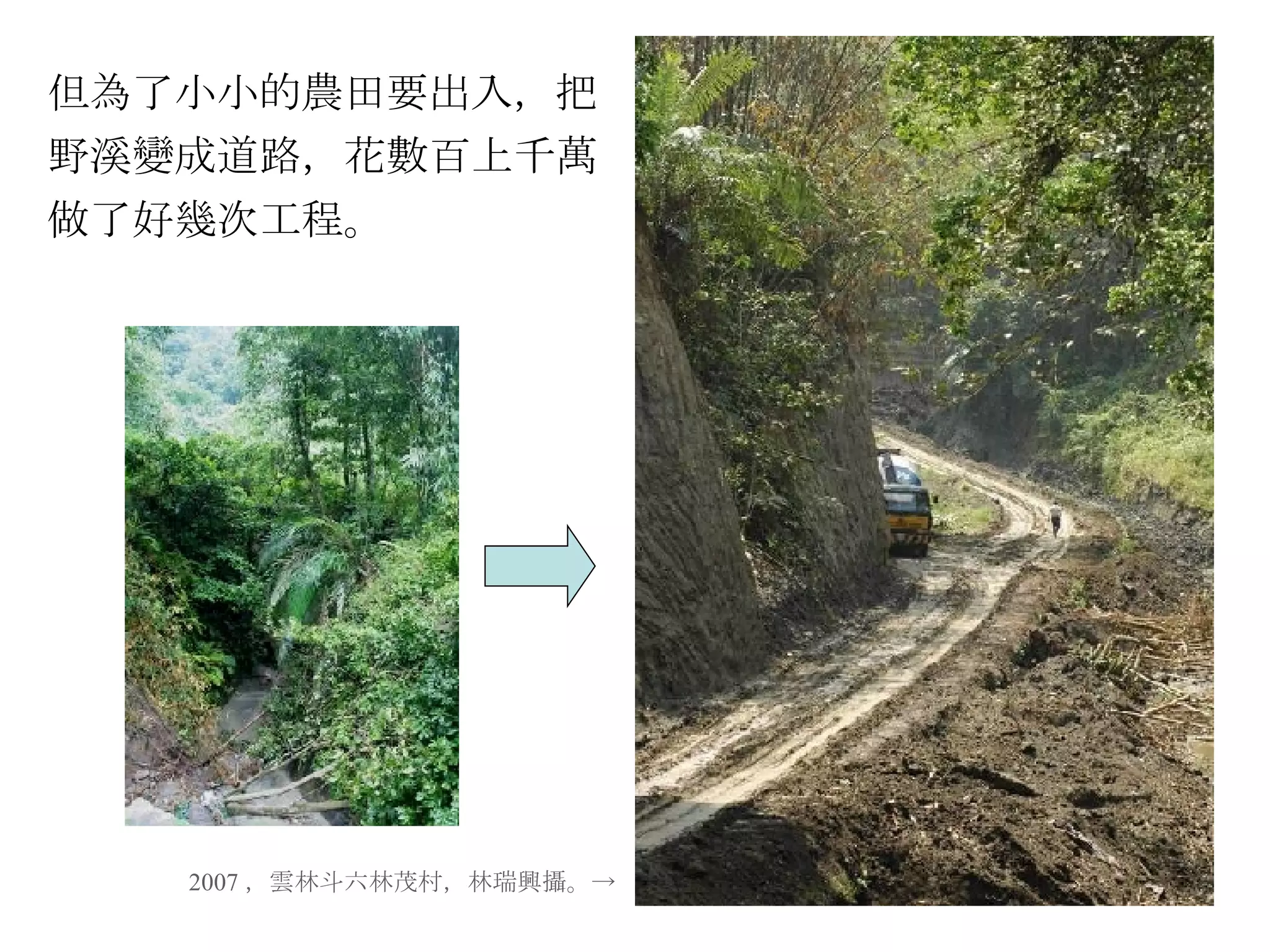 但為了小小的農田要出入，把野溪變成道路，花數百上千萬做了好幾次工程。 2007 ，雲林斗六林茂村，林瑞興攝。-> 