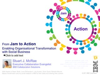 From  Jam to Action Enabling Organisational Transformation with Social Business Stuart J. McRae Executive Collaboration Evangelist IBM Collaboration Solutions [email_address] www.twitter.com/smcrae www.linkedin.com/in/stuartmcrae   www.facebook.com/sjmcrae   www.smcrae.com Jam Action With thanks to Rawn Shah, Louis Richardson, Luis Suarez, Evan Grant, Richard Mound, Marion Kindermann and my social network in IBM for their ideas and sharing their content. 