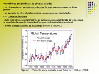 Figura 1 - Variação da temperatura na Terra de 1860 até 2004.
Evidências secundárias são obtidas através:
• da observação das variações da cobertura de neve nas montanhas e de áreas
geladas
• do aumento do nível global dos mares e do aumento das precipitações
• da cobertura de nuvens
•do El Niño (alterações significativas de curta duração na distribuição da temperatura
da superfície da água do Oceano Pacífico, com profundos efeitos no clima)
• outros eventos extremos de mau tempo durante o século XX.
 