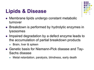 Lipids & Disease
 Membrane lipids undergo constant metabolic
turnover
 Breakdown is performed by hydrolytic enzymes in
lysosomes
 Impaired degradation by a defect enzyme leads to
the accumulation of partial breakdown products
 Brain, liver & spleen
 Genetic basis for Niemann-Pick disease and Tay-
Sachs disease
 Metal retardation, paralysis, blindness, early death
 