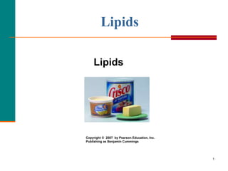 1
Lipids
Lipids
Copyright © 2007 by Pearson Education, Inc.
Publishing as Benjamin Cummings
 