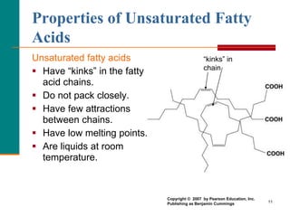11
Properties of Unsaturated Fatty
Acids
Unsaturated fatty acids
 Have “kinks” in the fatty
acid chains.
 Do not pack closely.
 Have few attractions
between chains.
 Have low melting points.
 Are liquids at room
temperature.
“kinks” in
chain
Copyright © 2007 by Pearson Education, Inc.
Publishing as Benjamin Cummings
 