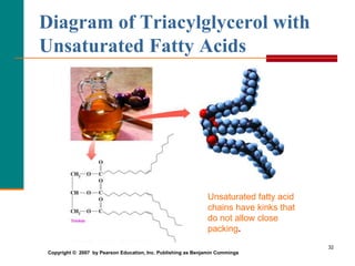 32
Diagram of Triacylglycerol with
Unsaturated Fatty Acids
Unsaturated fatty acid
chains have kinks that
do not allow close
packing.
Copyright © 2007 by Pearson Education, Inc. Publishing as Benjamin Cummings
 