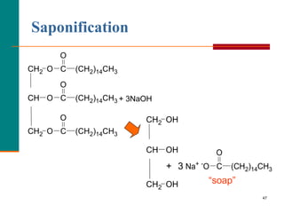 47
Saponification
O
O
C (CH2)14CH3
CH O
O
C (CH2)14CH3
CH2 O
O
C (CH2)14CH3
CH2
+ 3NaOH
Na+ -
O
O
C (CH2)14CH3
3
OH
CH OH
CH2 OH
CH2
+
“soap”
 