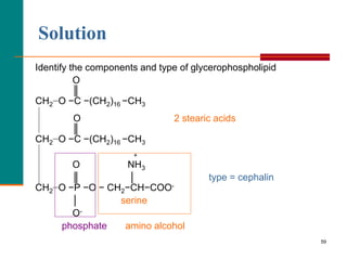 59
Solution
Identify the components and type of glycerophospholipid
O
║
CH2−O −C −(CH2)16 −CH3
O 2 stearic acids
║
CH2−O −C −(CH2)16 −CH3
+
O NH3
║ │ type = cephalin
CH2−O −P −O − CH2−CH−COO-
│ serine
O-
phosphate amino alcohol
 