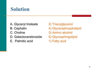 70
Solution
A. Glyceryl trioleate 2) Triacylglycerol
B. Cephalin 4) Glycerophospholipid
C. Choline 3) Amino alcohol
D. Galactocerebroside 5) Glycosphingolipid
E. Palmitic acid 1) Fatty acid
 