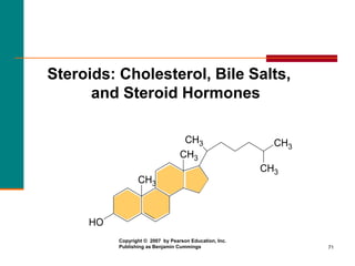 71
Steroids: Cholesterol, Bile Salts,
and Steroid Hormones
CH3
CH3
CH3
CH3
HO
CH3
Copyright © 2007 by Pearson Education, Inc.
Publishing as Benjamin Cummings
 