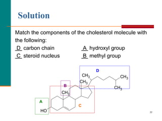 77
Solution
Match the components of the cholesterol molecule with
the following:
D carbon chain A hydroxyl group
C steroid nucleus B methyl group
CH3
CH3
CH3
CH3
HO
CH3
A
C
B
D
 