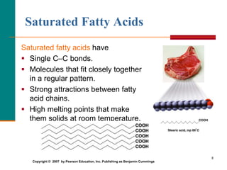 8
Saturated fatty acids have
 Single C–C bonds.
 Molecules that fit closely together
in a regular pattern.
 Strong attractions between fatty
acid chains.
 High melting points that make
them solids at room temperature.
Saturated Fatty Acids
Copyright © 2007 by Pearson Education, Inc. Publishing as Benjamin Cummings
 