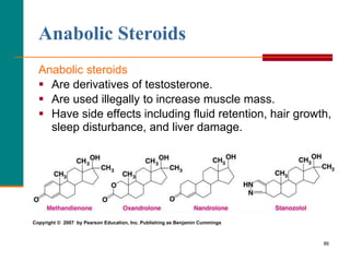 86
Anabolic Steroids
Anabolic steroids
 Are derivatives of testosterone.
 Are used illegally to increase muscle mass.
 Have side effects including fluid retention, hair growth,
sleep disturbance, and liver damage.
Copyright © 2007 by Pearson Education, Inc. Publishing as Benjamin Cummings
 
