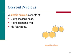 72
Steroid Nucleus
A steroid nucleus consists of
 3 cyclohexane rings.
 1 cyclopentane ring.
 No fatty acids.
steroid n...