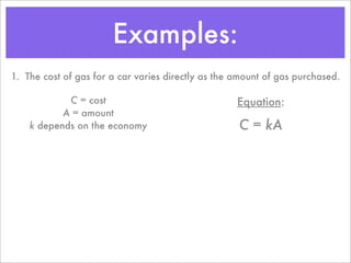 Examples:
1. The cost of gas for a car varies directly as the amount of gas purchased.

            C = cost                                Equation:
           A = amount
    k depends on the economy                        C = kA
 