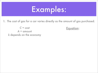 Examples:
1. The cost of gas for a car varies directly as the amount of gas purchased.

            C = cost                                Equation:
           A = amount
    k depends on the economy
 