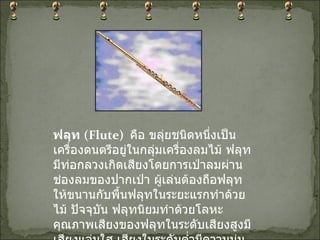 ฟลุท  ( Flute)    คือ ขลุ่ยชนิดหนึ่งเป็นเครื่องดนตรีอยู่ในกลุ่มเครื่องลมไม้ ฟลุทมีท่อกลวงเกิดเสียงโดยการเป่าลมผ่านช่องลมของปากเป่า ผู้เล่นต้องถือฟลุทให้ขนานกับพื้นฟลุทในระยะแรกทำด้วยไม้ ปัจจุบัน ฟลุทนิยมทำด้วยโลหะ คุณภาพเสียงของฟลุทในระดับเสียงสูงมีเสียงแจ่มใส เสียงในระดับต่ำมีความนุ่มนวล  