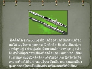   ปิคโคโล  ( Piccolo)   คือ เครื่องดนตรีในกลุ่มเครื่องลมไม้ อยู่ในตระกูลฟลุท ปิคโคโล มีระดับเสียงสูงกว่าฟลุทอยู่  1  ช่วงคู่แปด มีขนาดเล็กกว่าฟลุท  4  เท่า จึงทำให้มีคุณภาพเสียงที่สดใสและแหลมมาก เสียงในระดับต่ำของปิคโคโลจะดังไม่ชัดเจน ปิคโคโลจึงเหมาะที่จะใช้ในการเล่นในระดับเสียงกลางและเสียงสูงมากกว่าในระดับเสียงต่ำ เครื่องดนตรีที่มีเสียงแหลมเหมือนปิคโคโล ซึ่งอยู่ในตระกูลฟลุทมีอีกหลายชนิด เช่น เรคอร์เดอร์ เป็นต้น 