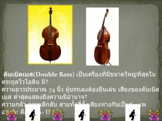   ดับเบิลเบส ( Double Bass)   เป็นเครื่องที่มีขนาดใหญ่ที่สุดในตระกูลไวโอลิน มี  ความยาวประมาณ  74  นิ้ว ผู้บรรเลงต้องยืนเล่น เสียงของดับเบิลเบส ต่ำสุดแสดงถึงความมีอำนาจ  ความกลัว ความลึกลับ สายทั้งสี่ตั้งเสียงห่างกันเป็นคู่  4  เพอร์เฟค คือ  E- A- D- G 