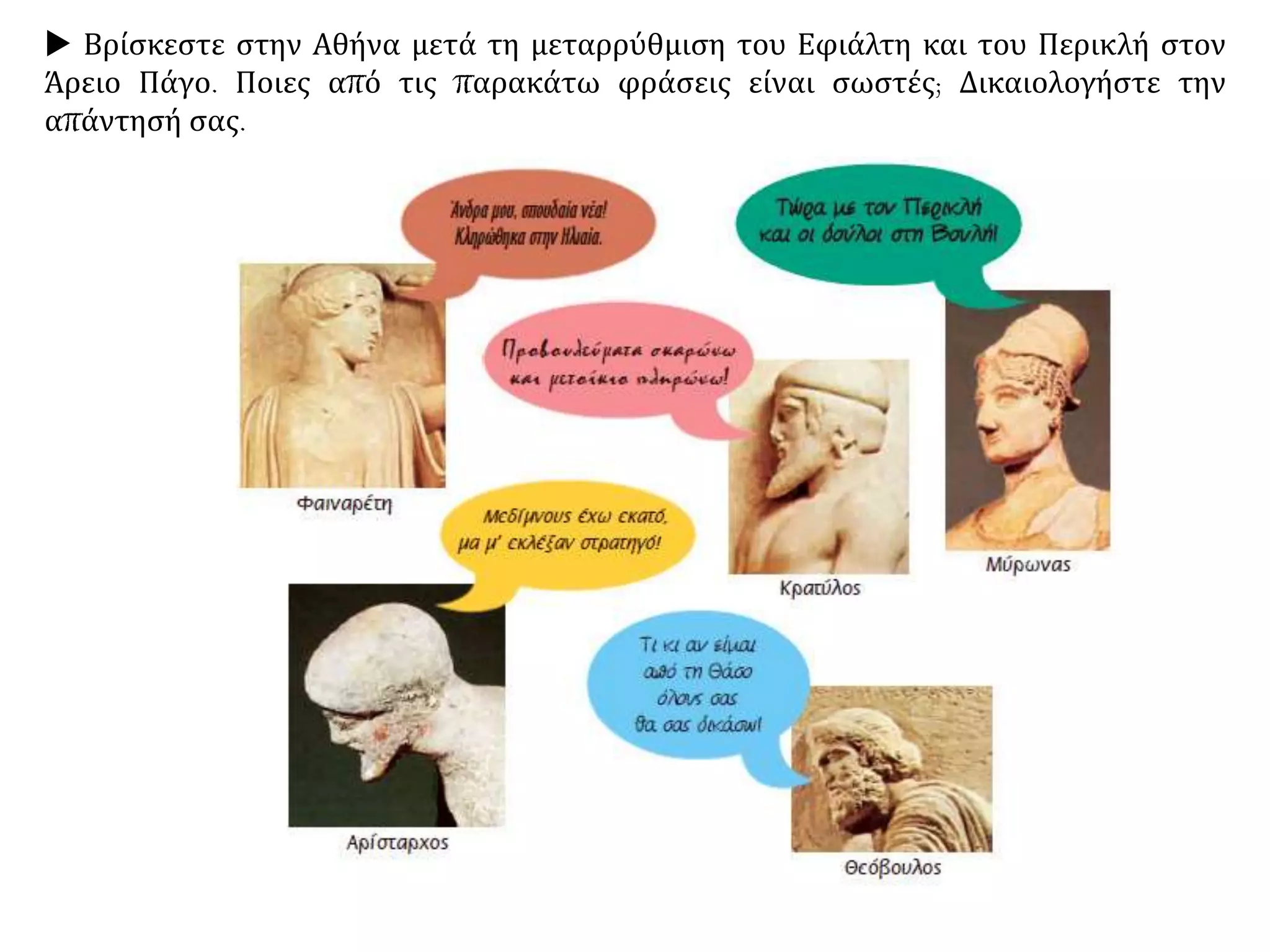  Βρίσκεστε στην Αθήνα μετά τη μεταρρύθμιση του Εφιάλτη και του Περικλή στον
Άρειο Πάγο. Ποιες από τις παρακάτω φράσεις είναι σωστές; Δικαιολογήστε την
απάντησή σας.
 