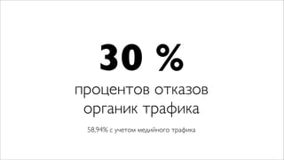 30 %
процентов отказов
 органик трафика
 58,94% с учетом медийного трафика
 
