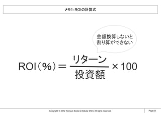 メモ1：ROIの計算式




                                                       金額換算しないと
                                                       割り算ができない


        リターン
ROI（％）＝      ×100
        投資額


    Copyright © 2012 Noriyuki Ikeda & Akikata Shiho All rights reserved.   Page33
 