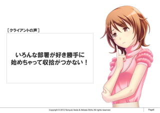 ［クライアントの声］




 いろんな部署が好き勝手に
始めちゃって収拾がつかない！




             Copyright © 2012 Noriyuki Ikeda & Akikata Shiho All rights reserved.   Page6
 