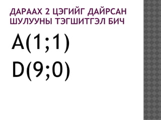 ДАРААХ 2 ЦЭГИЙГ ДАЙРСАН
ШУЛУУНЫ ТЭГШИТГЭЛ БИЧ

A(1;1)
D(9;0)
 