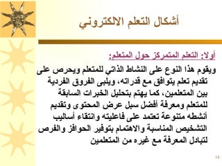 ‫أشكال التعلم اللكتروني‬

                      ‫أول: التعلم المتمركز حول المتعلم:‬
‫ويقوم هذا النوع على النشاط الذاتي للمتعلم ويحرص على‬
   ‫تقديم تعلم يتوافق مع قدراته، ويلبى الفروق الفردية‬
      ‫بين المتعلمين، كما يهتم بتحليل الخبرات السابقة‬
    ‫للمتعلم ومعرفة أفضل سبل عرض المحتوى وتقديم‬
     ‫أنشطه متنوعة تعتمد على فاعليته وانتقاء أساليب‬
‫التشخيص المناسبة والهتمام بتوفير الحوافز والفرص‬
                ‫لتبادل المعرفة مع غيره من المتعلمين‬
                                                      ‫41‬
 