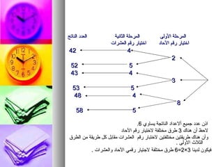 ‫العدد الناتج‬          ‫المرحلة الثانية‬        ‫المرحلة الولى‬
                     ‫اختيار رقم العشرات‬     ‫اختيار رقم الحاد‬
‫24‬                           ‫4‬
                                                  ‫2‬
 ‫25‬                           ‫5‬
 ‫34‬                           ‫4‬
                                                  ‫3‬
   ‫35‬                          ‫5‬
    ‫84‬                          ‫4‬
                                                      ‫8‬
     ‫85‬                          ‫5‬

                                  ‫اذن عدد جميع ألعداد الناتجة يساوي 6.‬
                          ‫لحظ أن هناك 3 طرق مختلفة لختيار رقم الحاد‬
 ‫وأن هناك طريقتين مختلفتين لختبار رقم العشرات مقابل كل طريقة من الطرق‬
                                                       ‫الثلث الولى .‬
           ‫فيكون لدينا 3×2=6 طرق مختلفة لجتيار رقمي الحاد والعشرات .‬
 