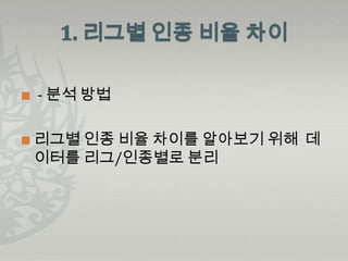    - 분석 방법

   리그별 인종 비율 차이를 알아보기 위해 데
    이터를 리그/인종별로 분리
 