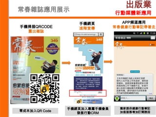 常春雜誌應用展示
                                 出版業
                              行動媒體新應用
                  手機網頁          APP頻道應用
手機掃描QRCODE        進階宣傳        常春健康行動筆記帶著走
  露出雜誌




               手機網頁加入專屬手機會員    獨家提供健康行動筆記
零成本加入QR Code                   加值服務增加訂閱誘因
                  發展行動CRM                   4
 