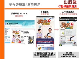 美食好簡單2應用展示
                                出版業
                              行動媒體新應用
                 手機網頁          APP頻道應用
手機掃描QRCODE       進階宣傳         折價卷發送刺激購買
  露出網站




              手機網頁加入專屬手機會員      一書一頻道
             作品影音自我推薦降低推廣成本    書迷/作者/出版社
                 增加購買誘因       免費簡訊即時互動管道 5
 
