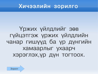 Хичээлийн зорилго



    Үржих үйлдлийг зөв
 гүйцэтгэж үржих үйлдлийн
чанар гишүүд ба үр дүнгийн
     хамаарлыг ухаарч
  хэрэглэх,үр дүн тогтоох.

 Зорилт
 