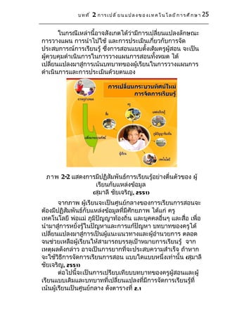 บทที่   2 ก า ร เ ป ล ี ่ ย น แ ป ล ง ข อ ง เ ท ค โ น โ ล ย ี ก า ร ศ ึ ก ษ า 25

       ในกรณีเหล่านี้อาจสังเกตได้ว่ามีการเปลี่ยนแปลงลักษณะ
การวางแผน การนำาไปใช้ และการประเมินเกี่ยวกับการจัด
ประสบการณ์การเรียนรู้ ซึ่งการสอนแบบดั้งเดิมครูผู้สอน จะเป็น
ผู้ควบคุมดำาเนินการในการวางแผนการสอนทั้งหมด ได้
เปลี่ยนแปลงมาสู่การเน้นบทบาทของผู้เรียนในการวางแผนการ
ดำาเนินการและการประเมินด้วยตนเอง




 ภาพ 2-2 แสดงการมีปฏิสัมพันธ์การเรียนรู้อย่างตื่นตัวของ ผู้
                เรียนกับแหล่งข้อมูล
               (สุมาลี ชัยเจริญ, 2551)
        จากภาพ ผู้เรียนจะเป็นศูนย์กลางของการเรียนการสอนจะ
ต้องมีปฏิสัมพันธ์กับแหล่งข้อมูลที่มีศักยภาพ ได้แก่ ครู
เทคโนโลยี พ่อแม่ ภูมิปัญญาท้องถิ่น และบุคคลอื่นๆ และสื่อ เพื่อ
นำามาสู่การหยั่งรู้ในปัญหาและการแก้ปัญหา บทบาทของครูได้
เปลี่ยนแปลงมาสู่การเป็นผู้แนะแนวทางและผู้อำานวยการ ตลอด
จนช่วยเหลือผู้เรียนให้สามารถบรรลุเป้าหมายการเรียนรู้ จาก
เหตุผลดังกล่าว อาจเป็นการยากที่จะประสบความสำาเร็จ ถ้าหาก
จะใช้วธีการจัดการเรียนการสอน แบบใดแบบหนึ่งเท่านั้น (สุมาลี
        ิ
ชัยเจริญ, 2551)
        ต่อไปนี้จะเป็นการเปรียบเทียบบทบาทของครูผู้สอนและผู้
เรียนแบบเดิมและบทบาทที่เปลี่ยนแปลงที่มีการจัดการเรียนรู้ที่
เน้นผู้เรียนเป็นศูนย์กลาง ดังตารางที่ 2.1
 