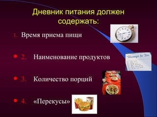 Дневник питания должен
                содержать:
1.   Время приема пищи


    2.   Наименование продуктов


    3.   Количество порций


    4.   «Перекусы»
 