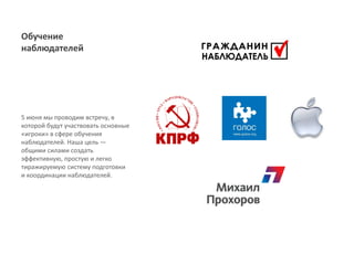 Обучение
наблюдателей




5 июня мы проводим встречу, в
которой будут участвовать основные
«игроки» в сфере обучения
наблюдателей. Наша цель ―
общими силами создать
эффективную, простую и легко
тиражируемую систему подготовки
и координации наблюдателей.
 