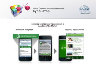 Кейсы. Примеры рекламных кампаний:

                Купонатор


               переход на страницу приложения в
                     AppStore/Play Market
баннер в браузере                                    загрузка приложения
 